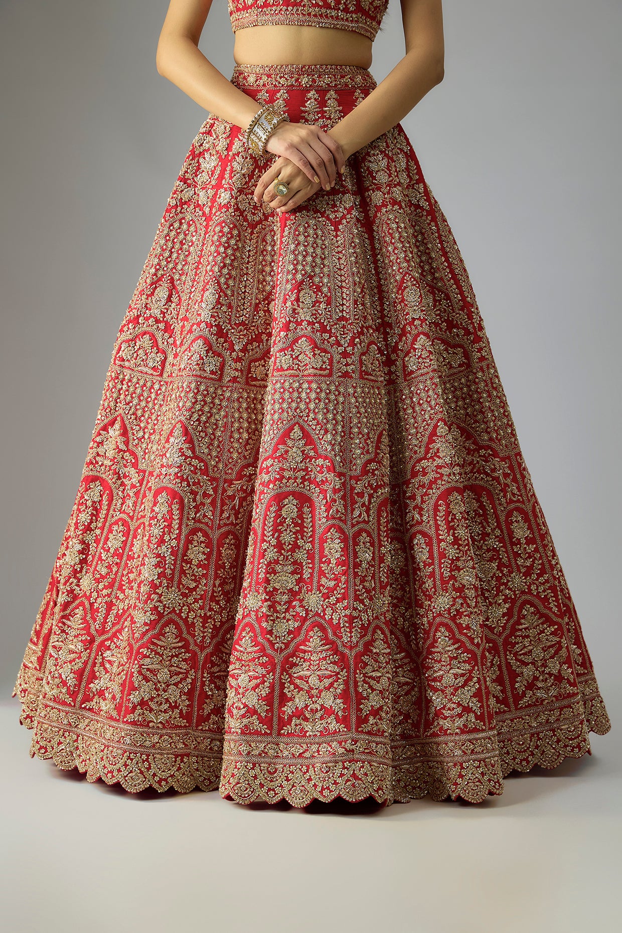 red raw silk embroidered lehenga set