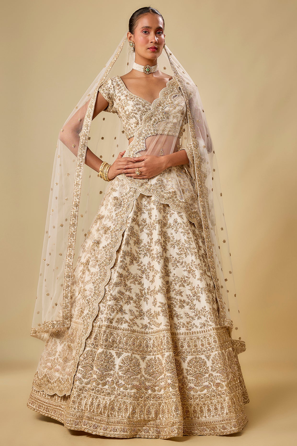 ivory raw silk hand & machine embroidered lehenga set