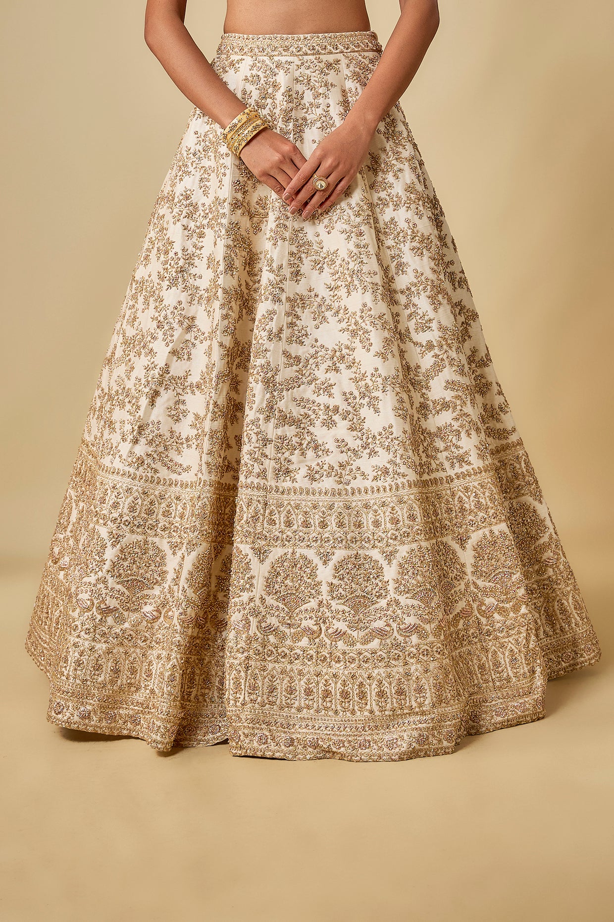 ivory raw silk hand & machine embroidered lehenga set