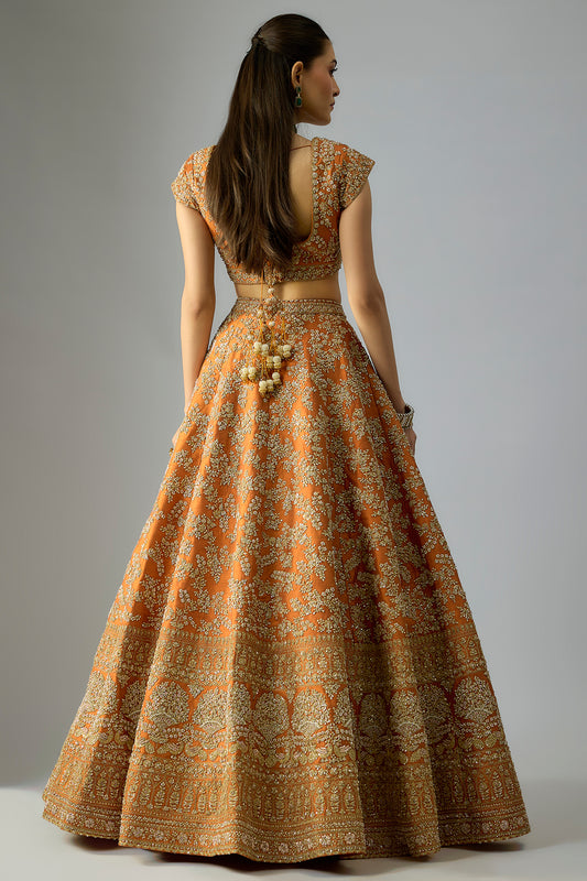 rust raw silk embroidered lehenga set