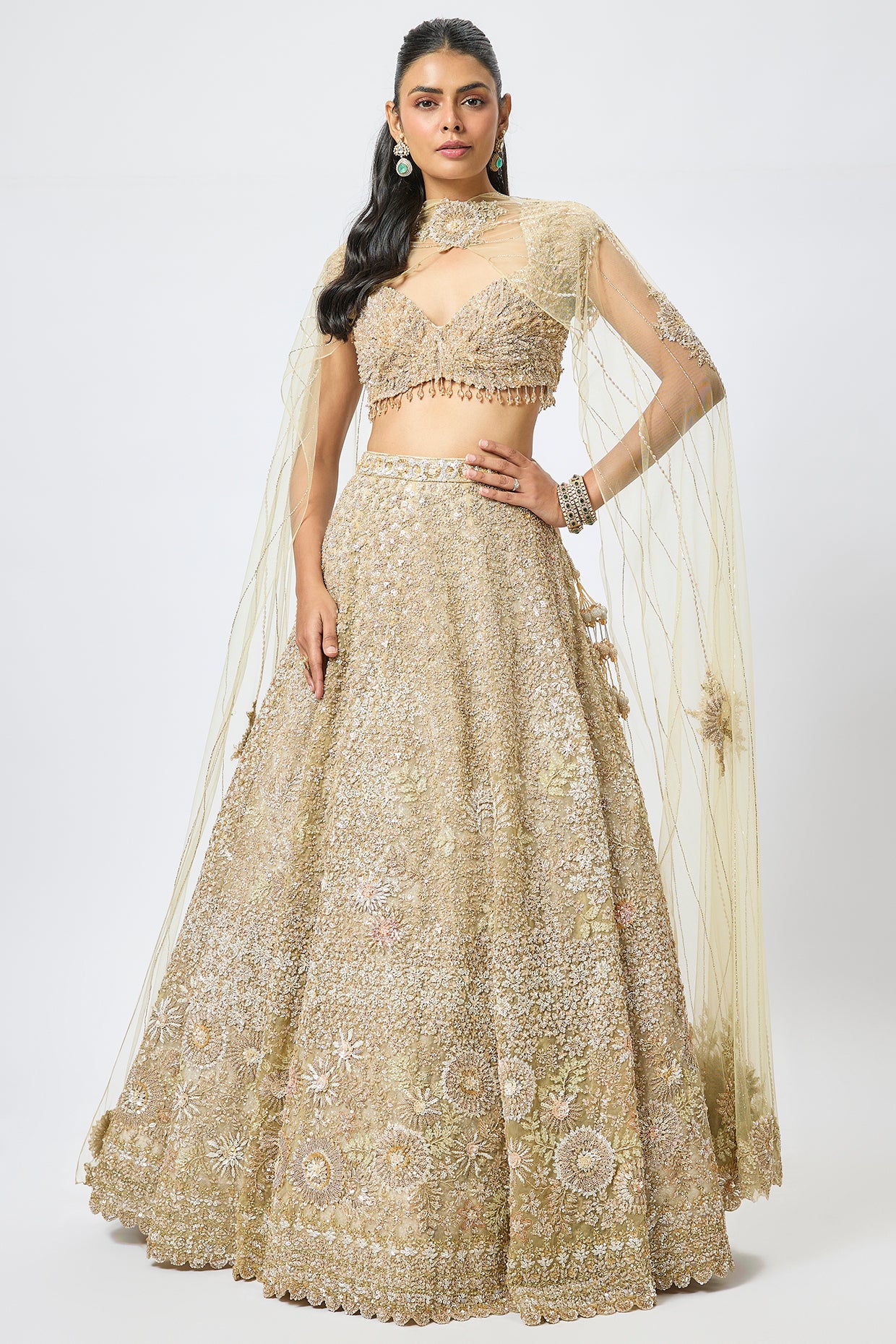 gold organza 3d cutdana embroidered lehenga set