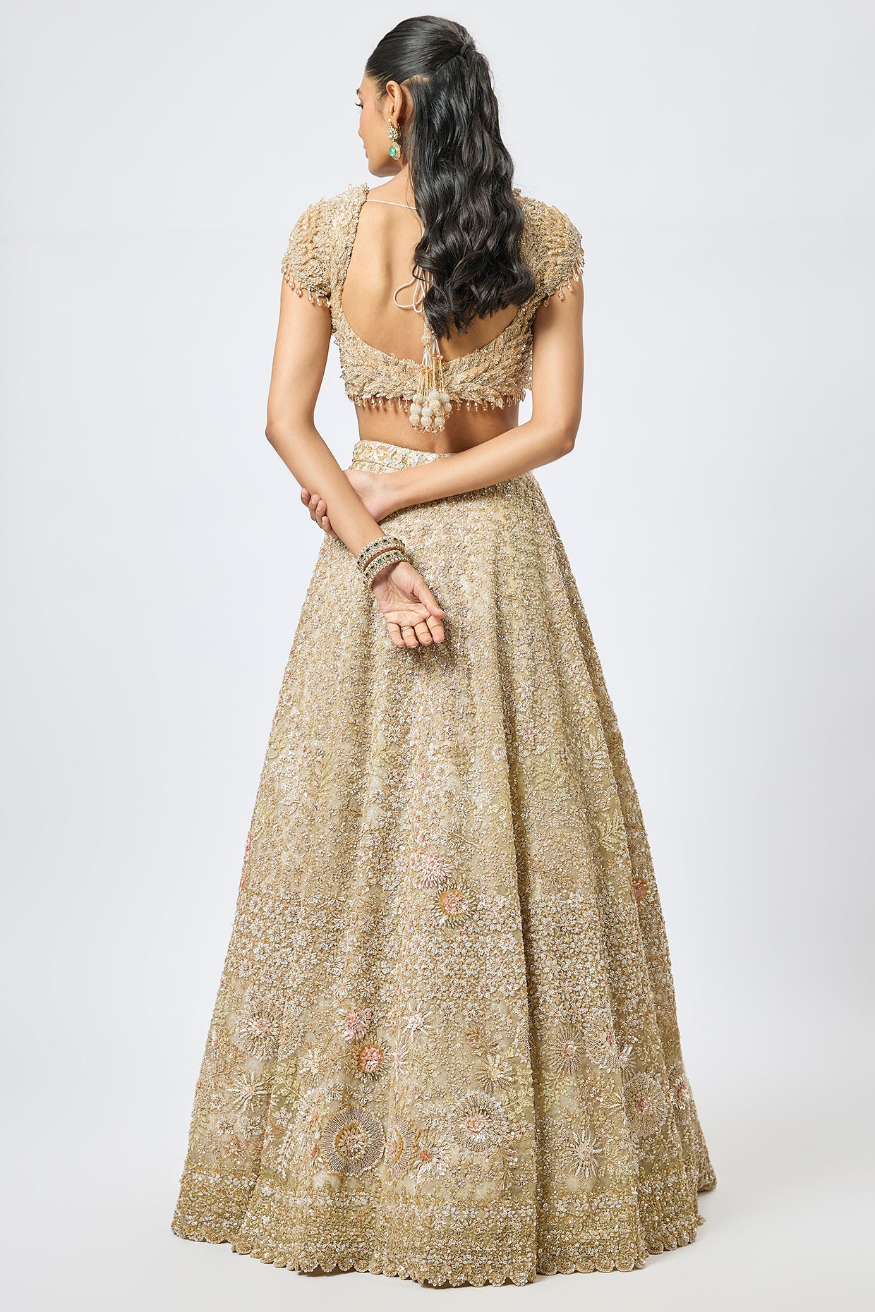 gold organza 3d cutdana embroidered lehenga set