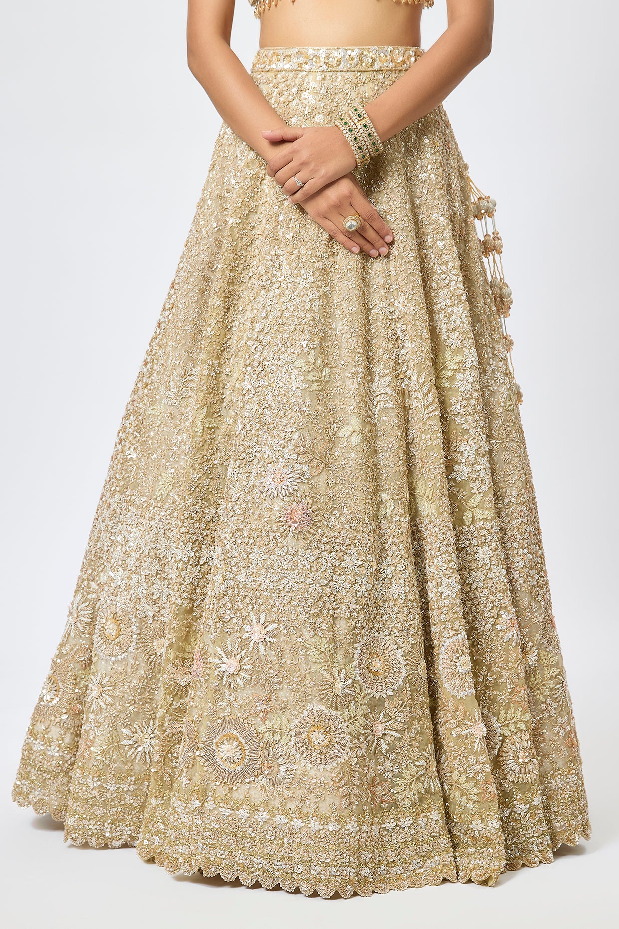 gold organza 3d cutdana embroidered lehenga set
