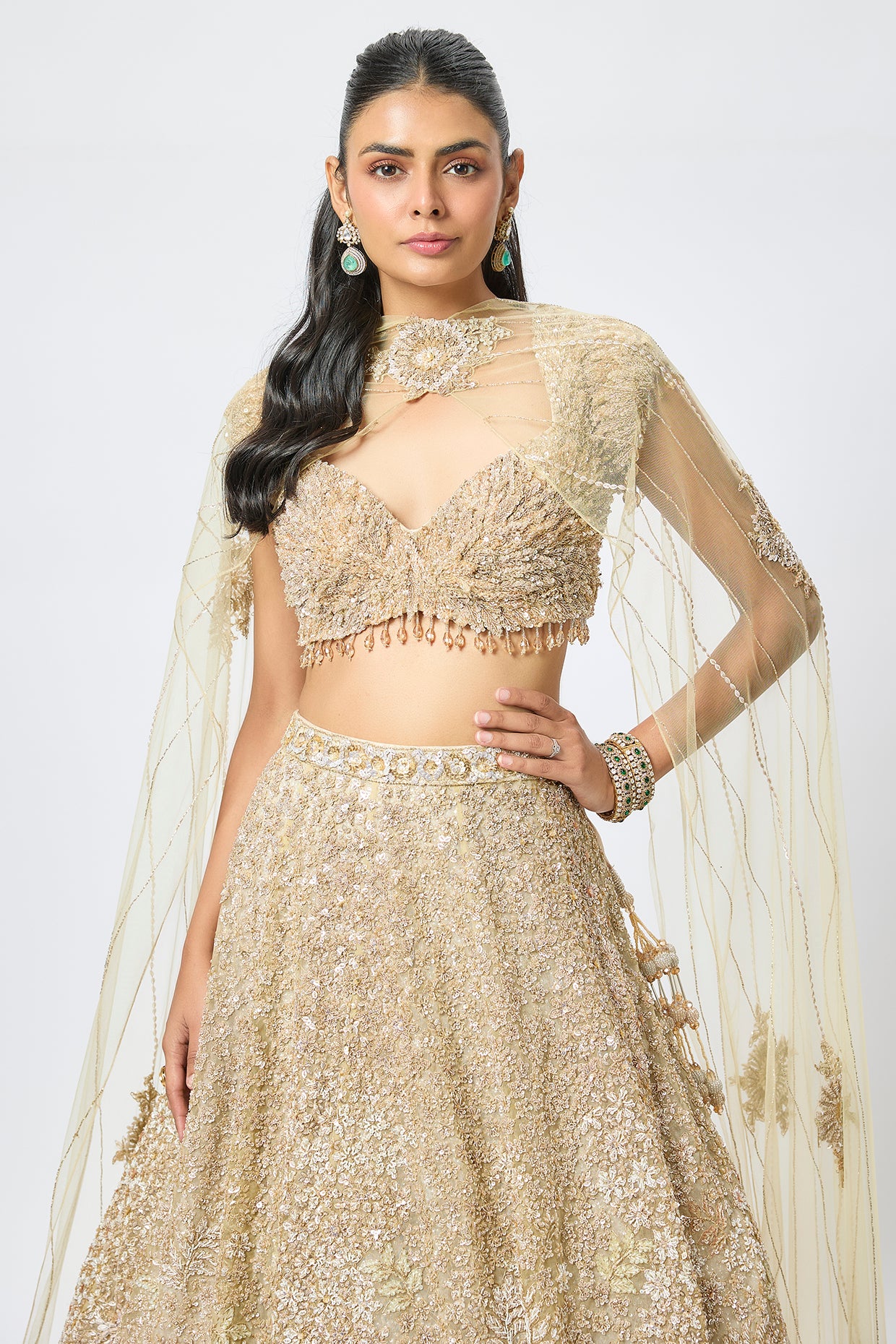 gold organza 3d cutdana embroidered lehenga set