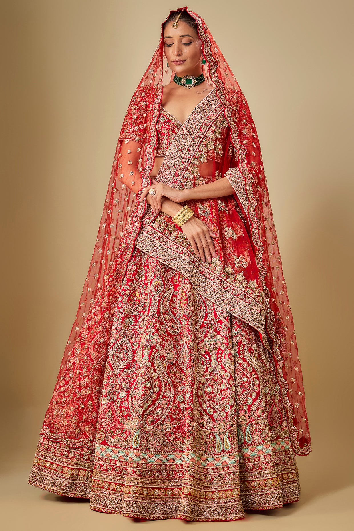 red raw silk hand embroidered lehenga set
