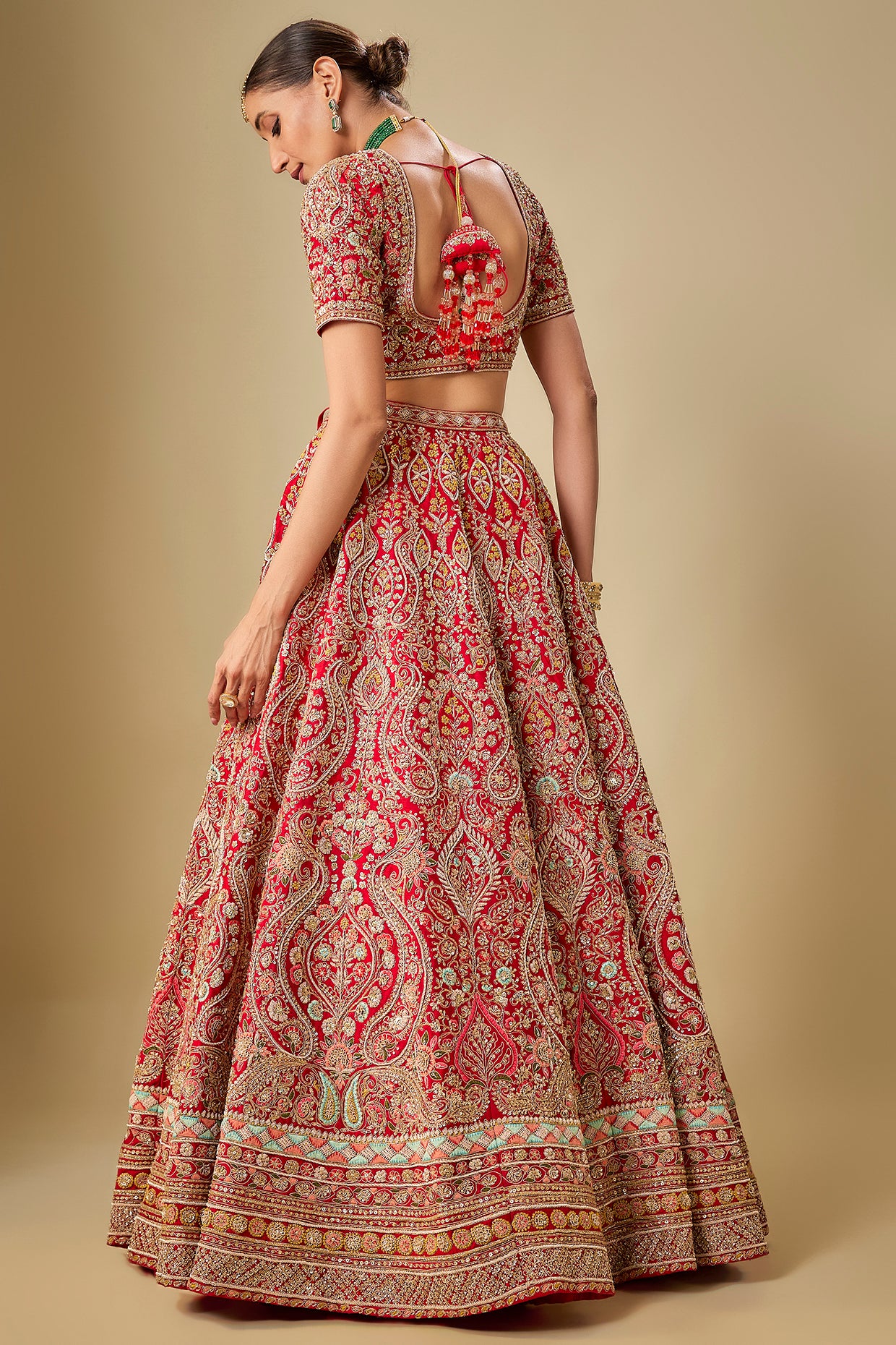red raw silk hand embroidered lehenga set
