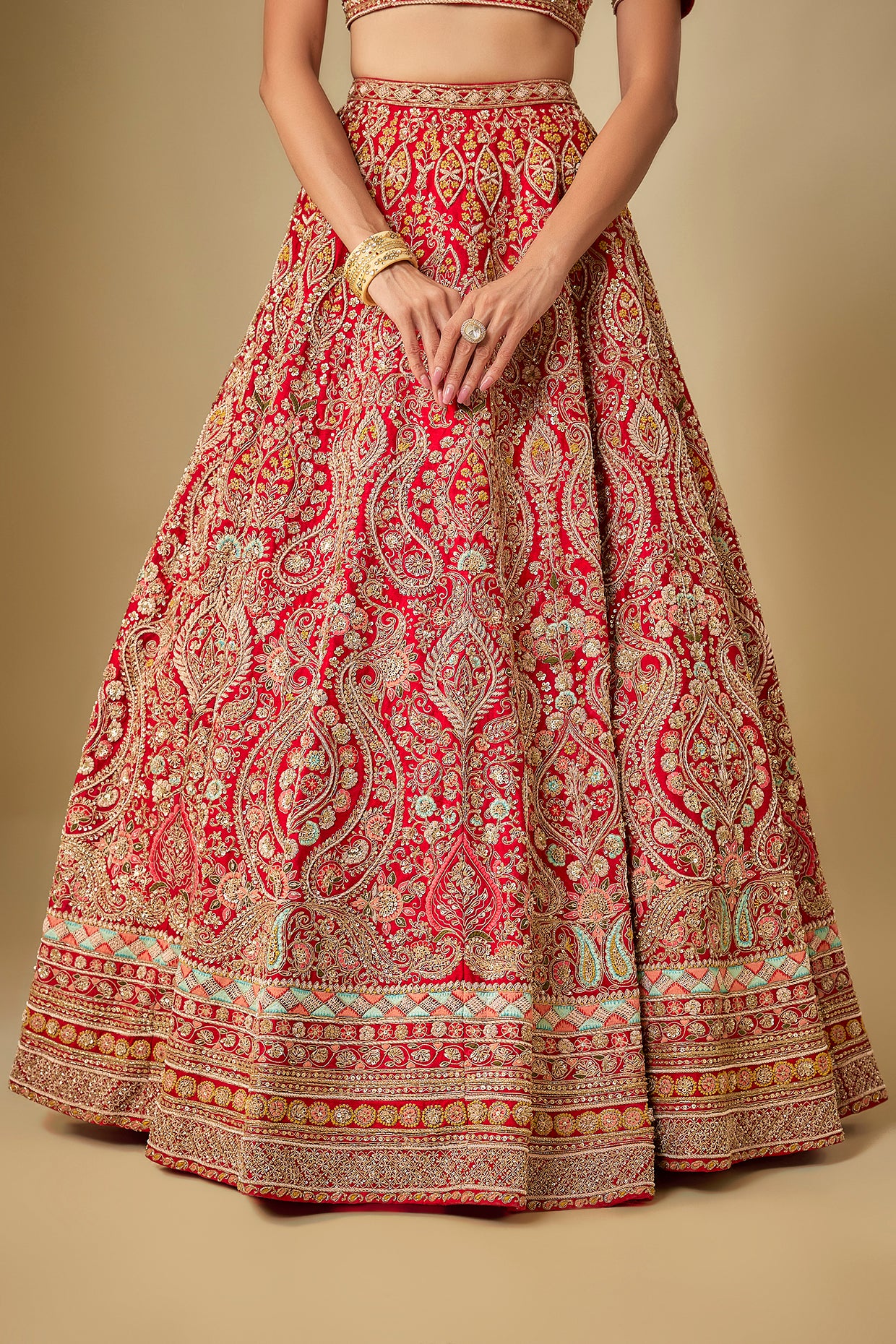 red raw silk hand embroidered lehenga set