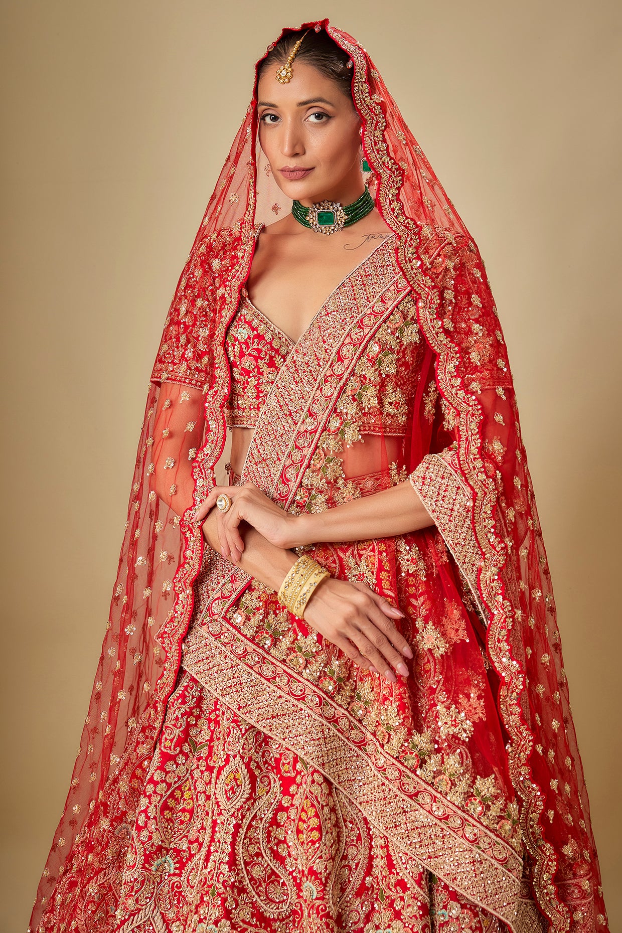 red raw silk hand embroidered lehenga set
