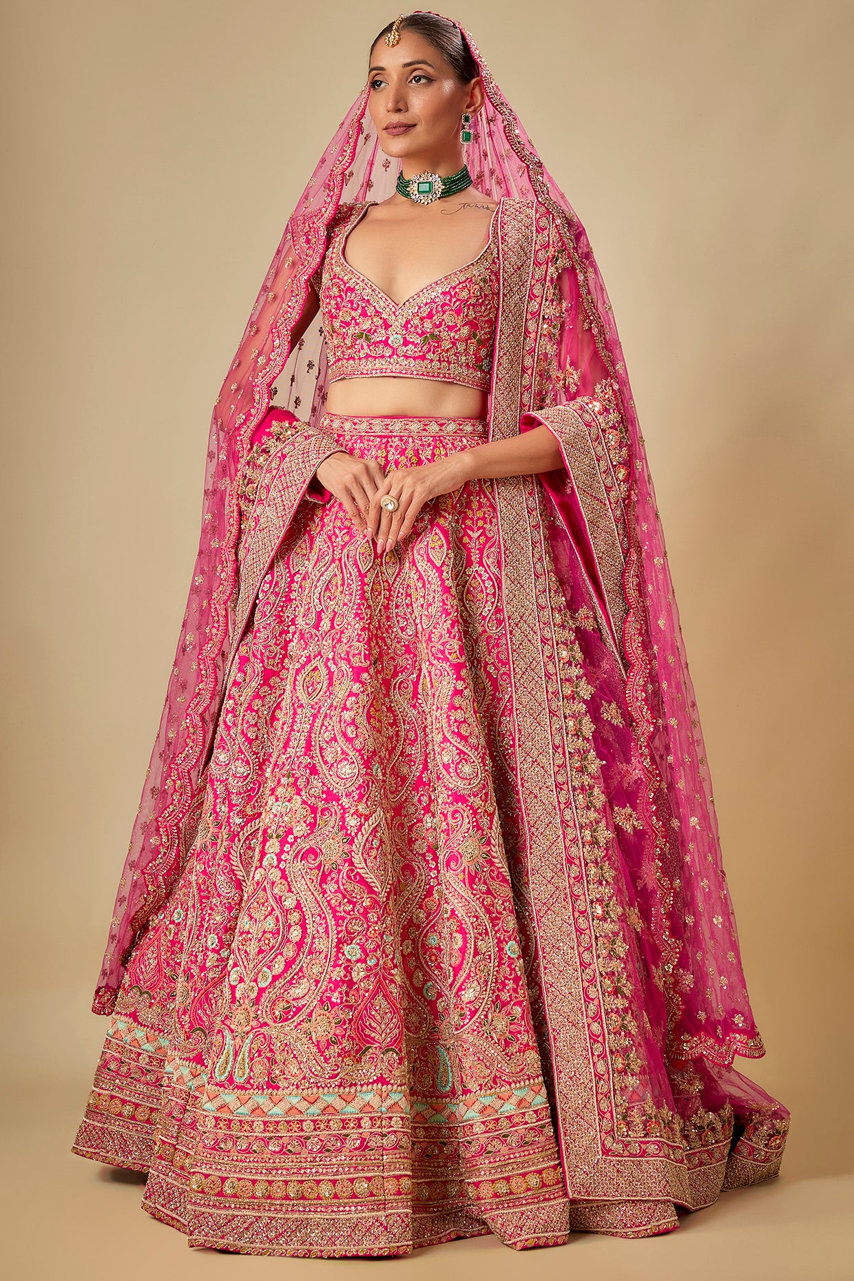 rani pink raw silk hand & machine embroidered lehenga set