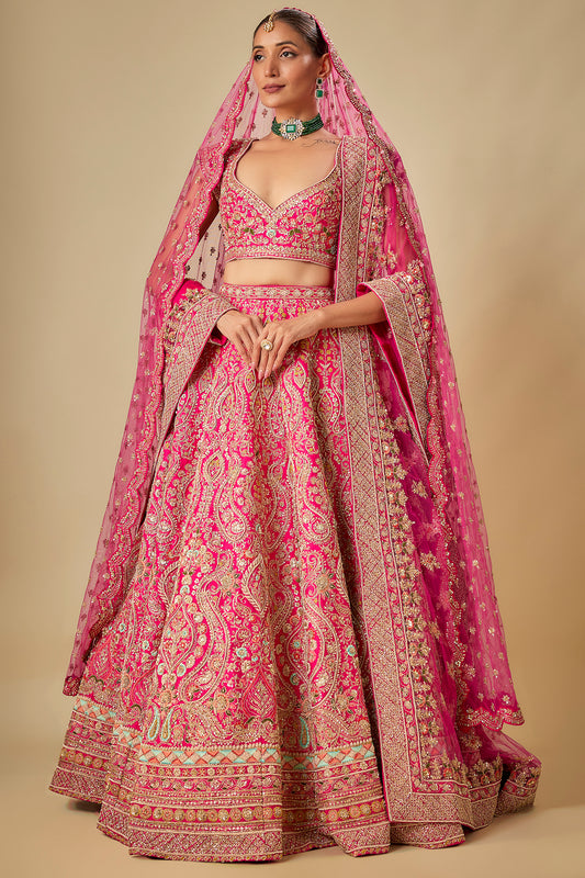 rani pink raw silk hand & machine embroidered lehenga set