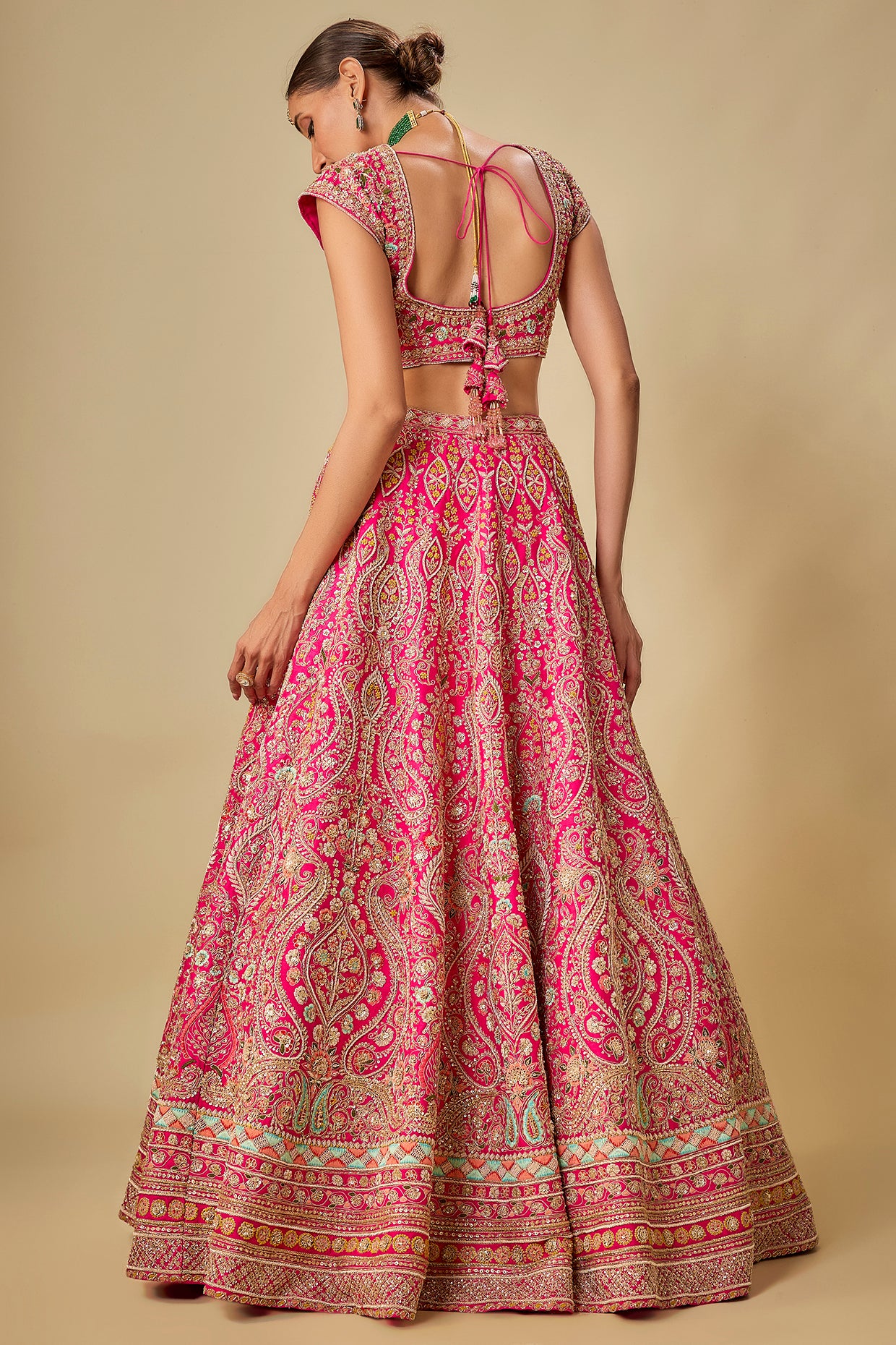 rani pink raw silk hand & machine embroidered lehenga set