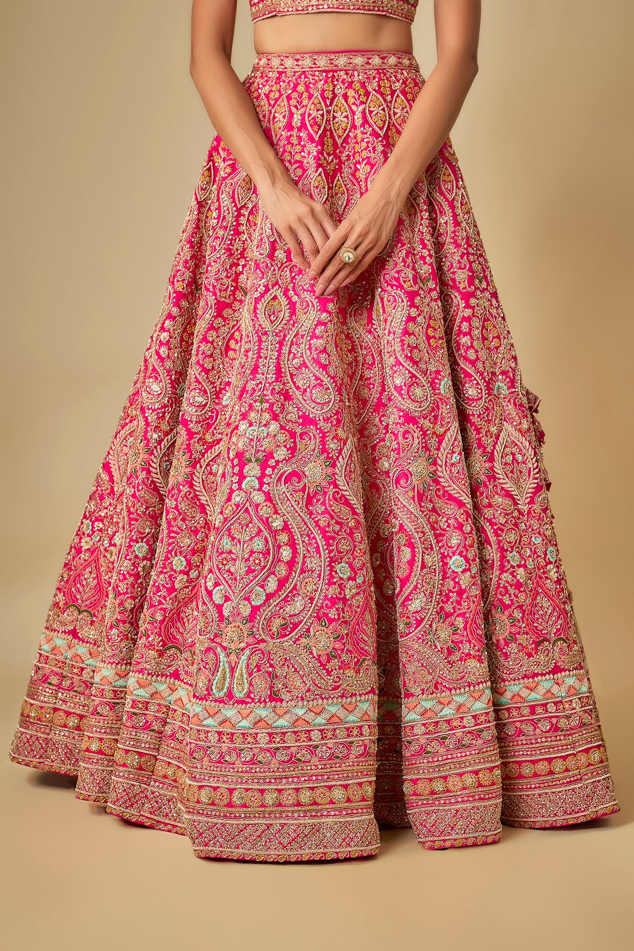 rani pink raw silk hand & machine embroidered lehenga set