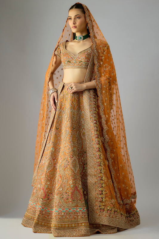 rust raw silk embroidered lehenga set
