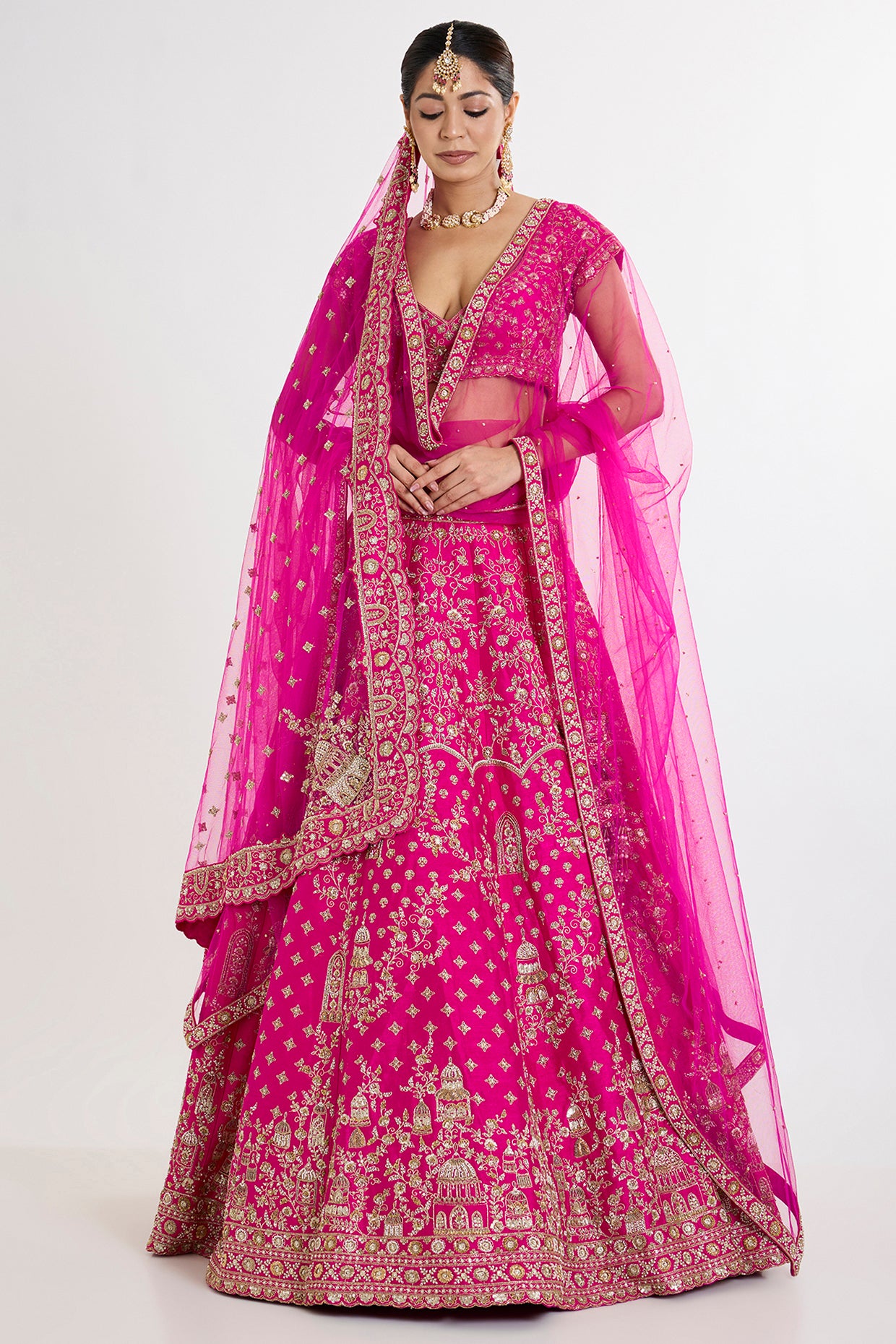 rani pink raw silk zardosi embroidered lehenga set