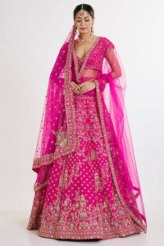 rani pink raw silk zardosi embroidered lehenga set