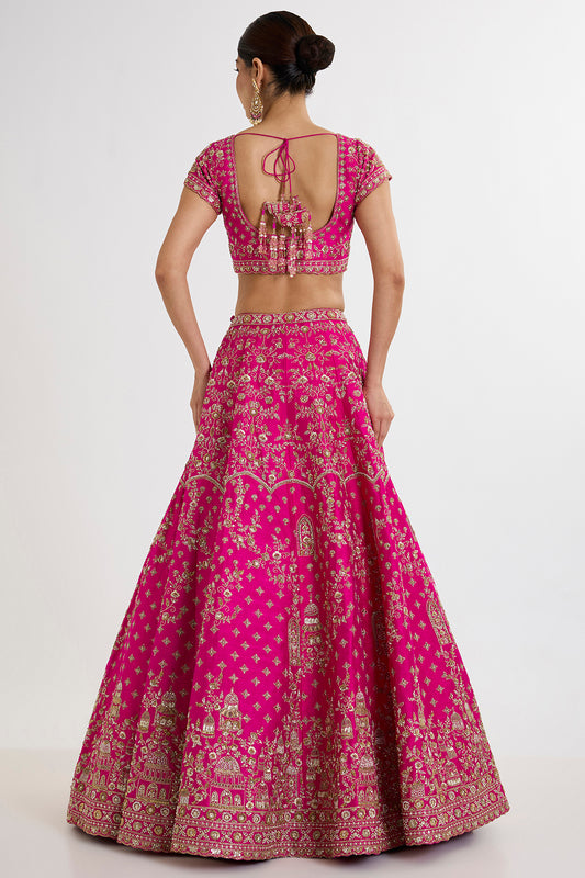 rani pink raw silk zardosi embroidered lehenga set