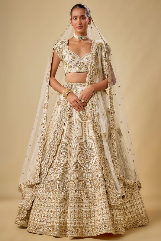ivory raw silk hand & machine embroidered lehenga set