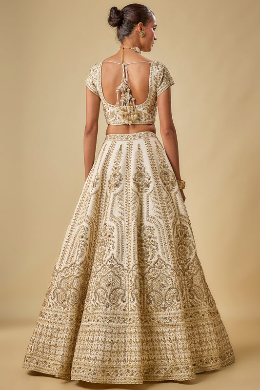 ivory raw silk hand & machine embroidered lehenga set