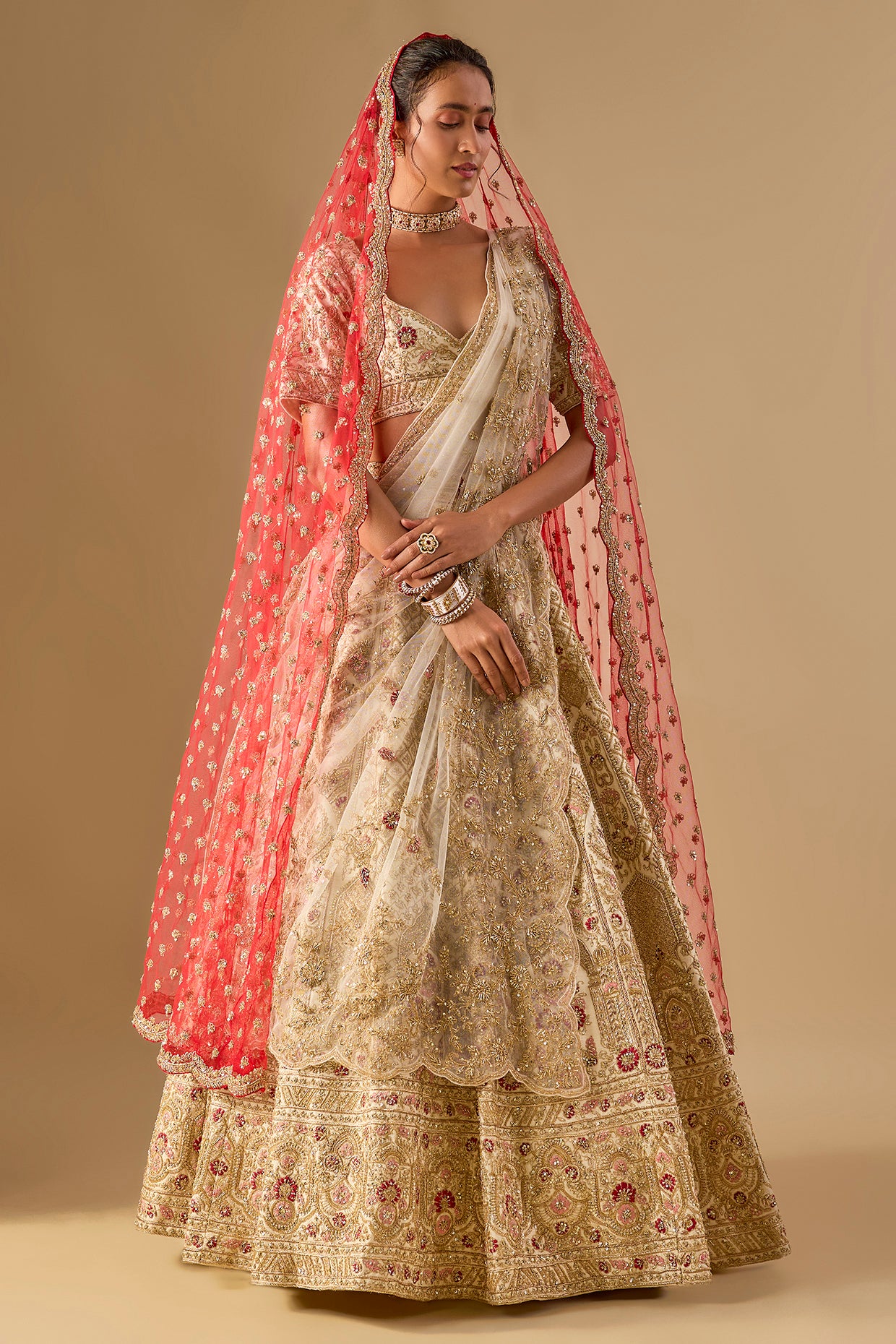 ivory raw silk zardosi embellished lehenga set