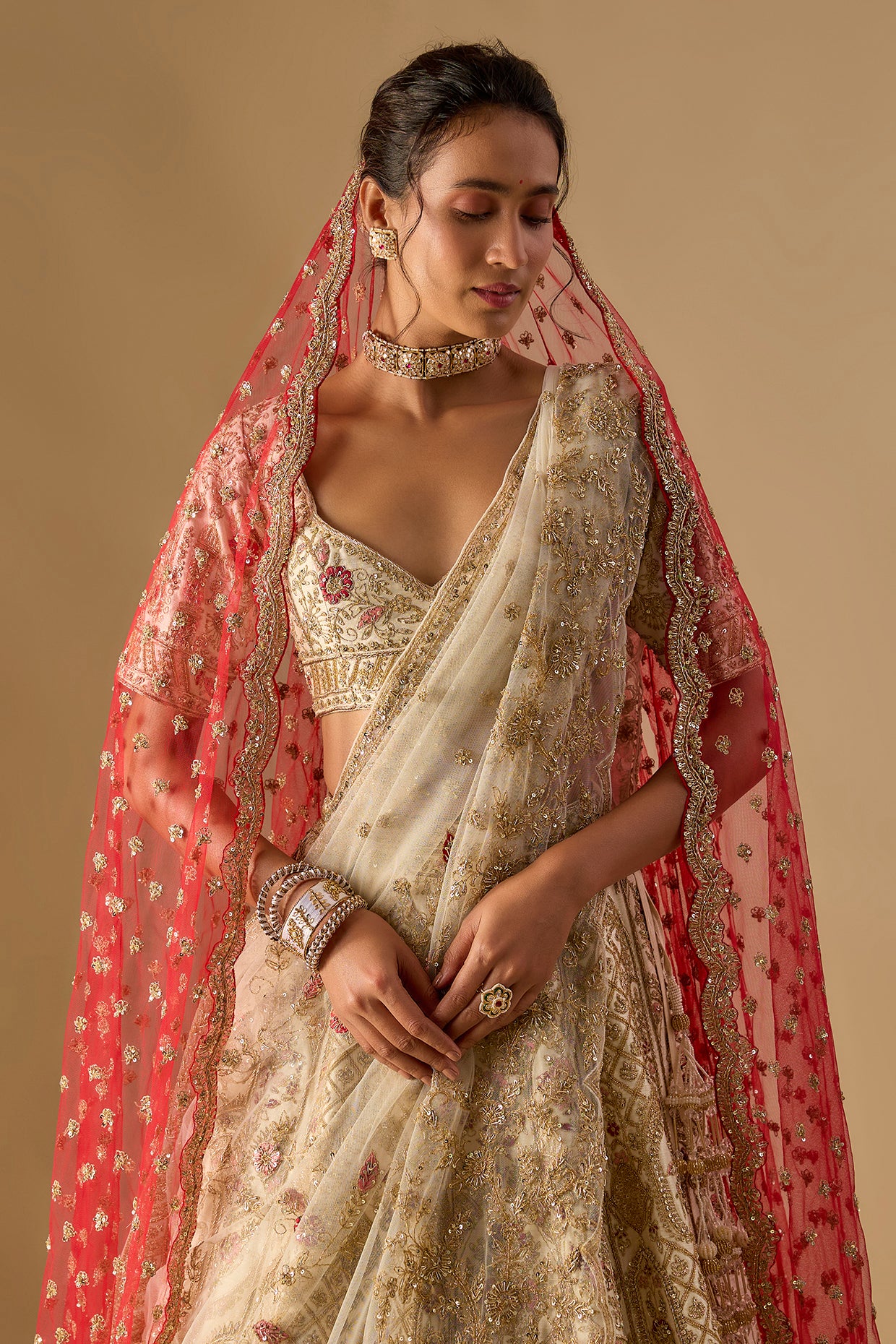ivory raw silk zardosi embellished lehenga set