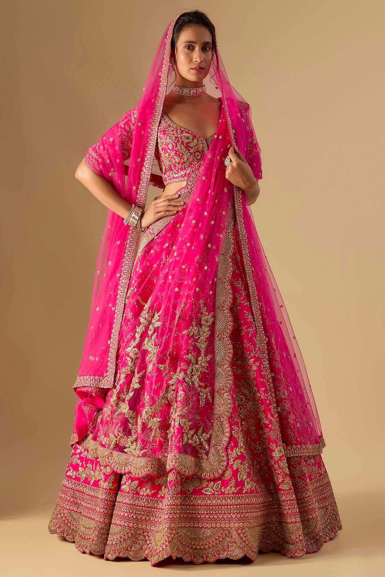 rani pink raw silk zardosi embellished lehenga set