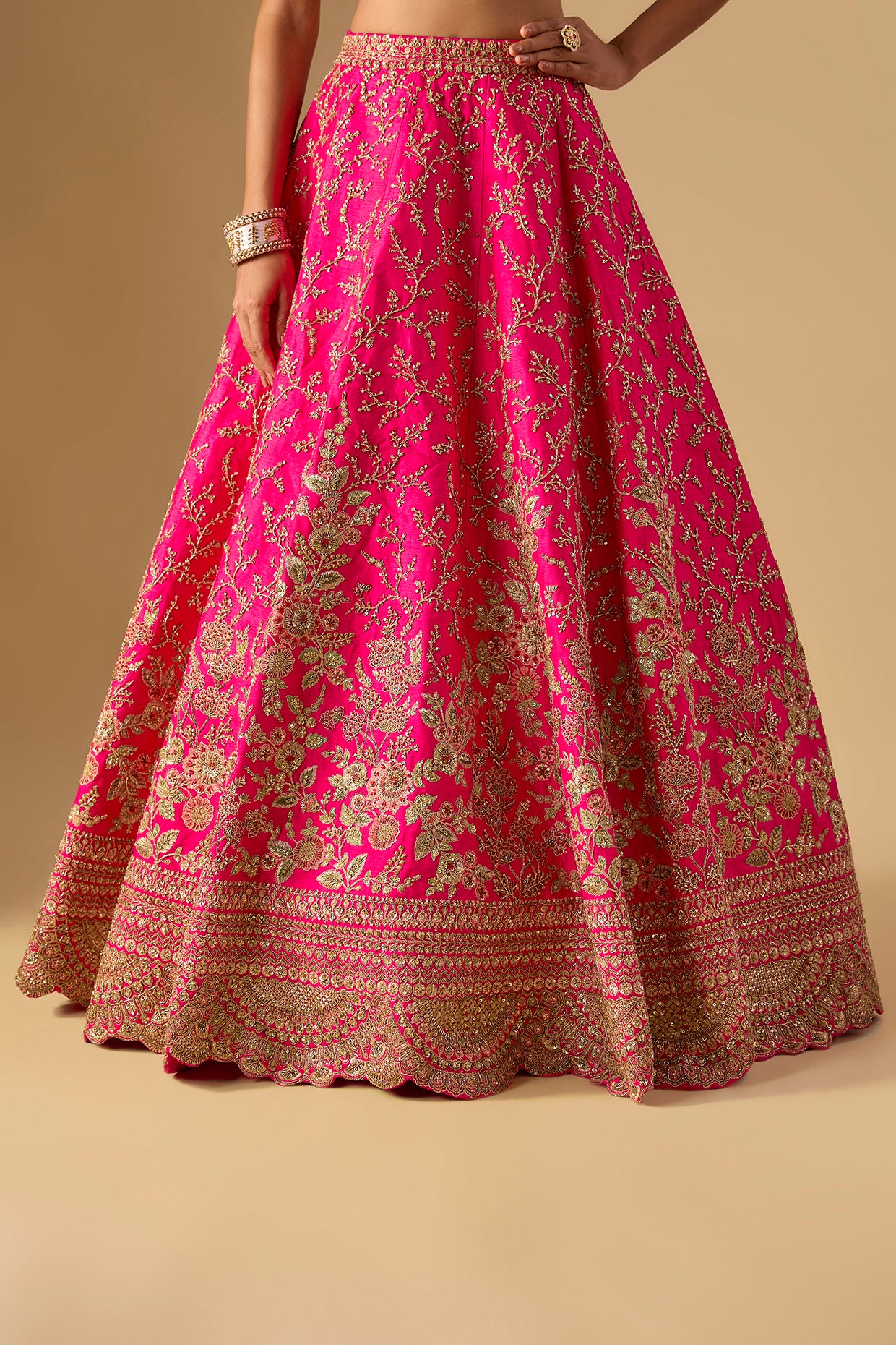 rani pink raw silk zardosi embellished lehenga set