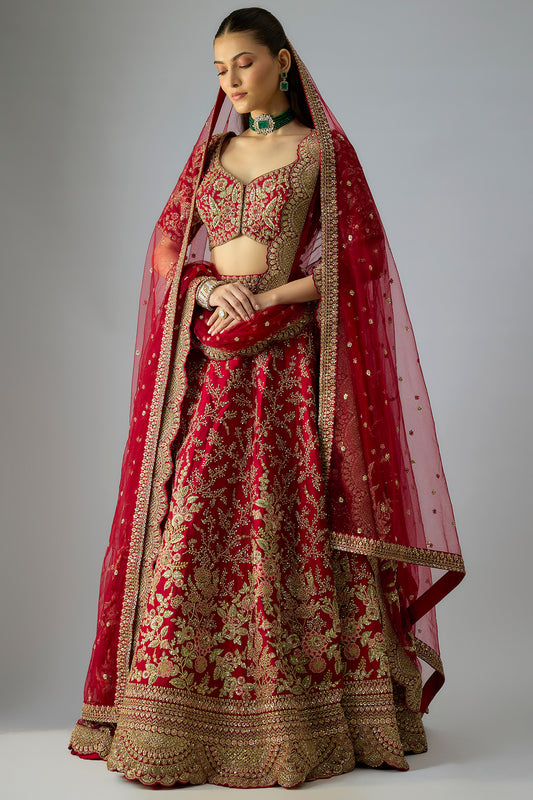 maroon raw silk embroidered lehenga set