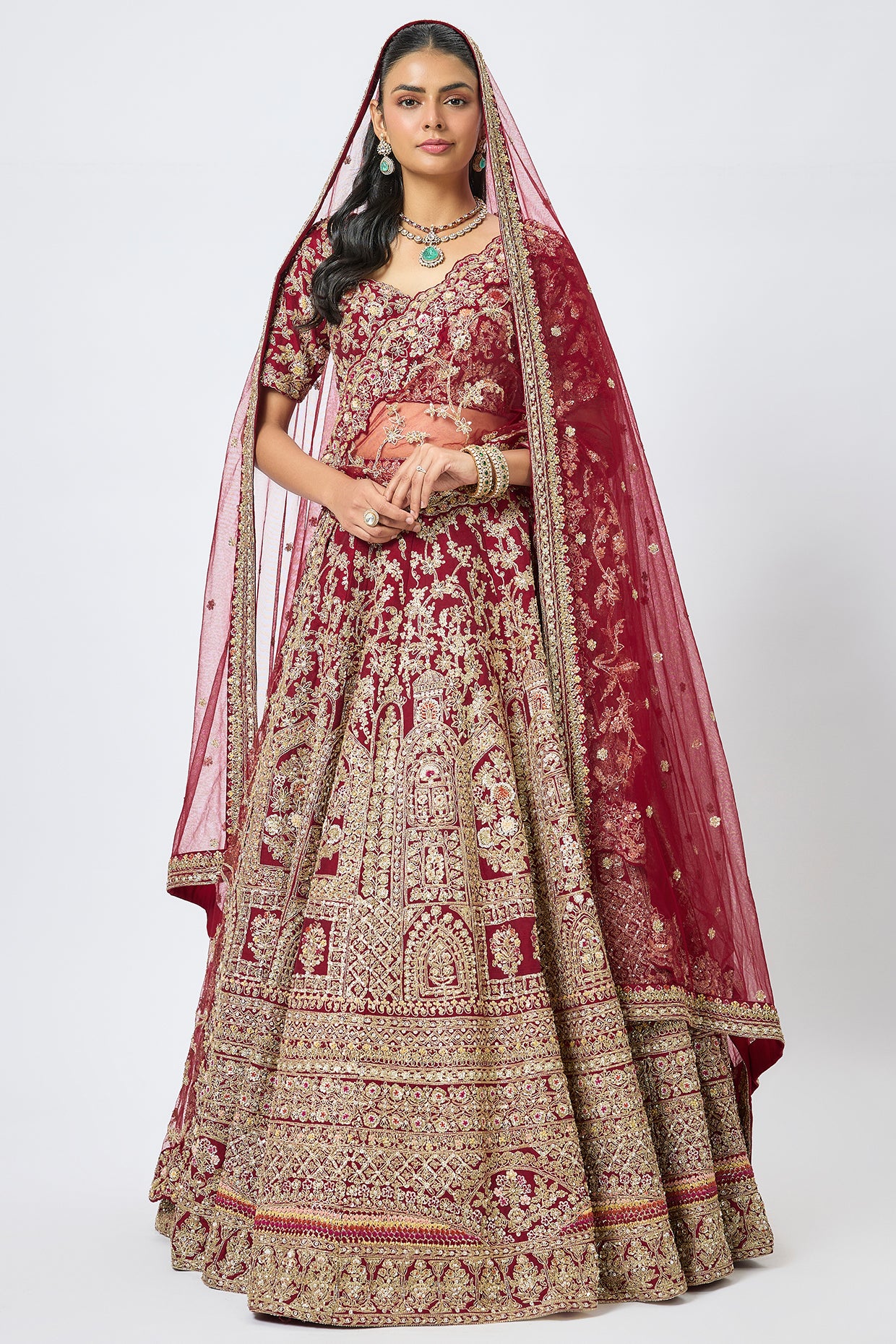 maroon raw silk cutdana hand & machine embroidered lehenga set