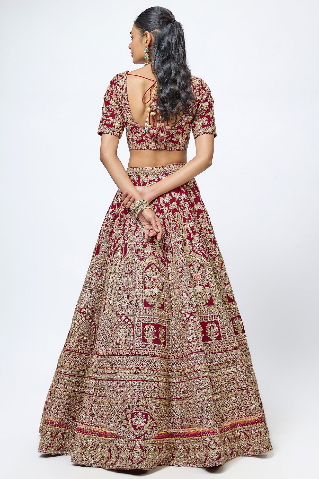 maroon raw silk cutdana hand & machine embroidered lehenga set