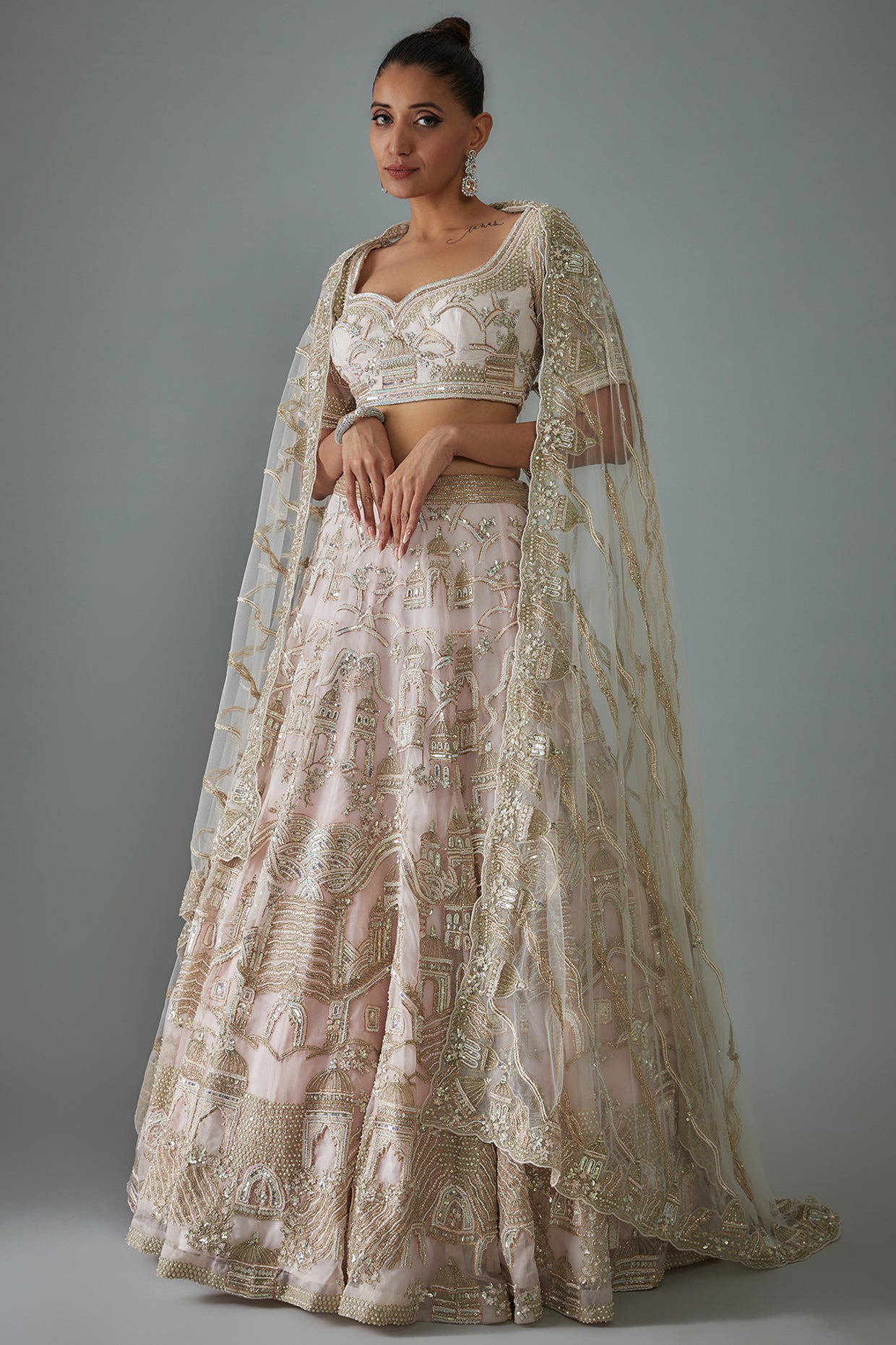 pink organza hand embroidered lehenga set