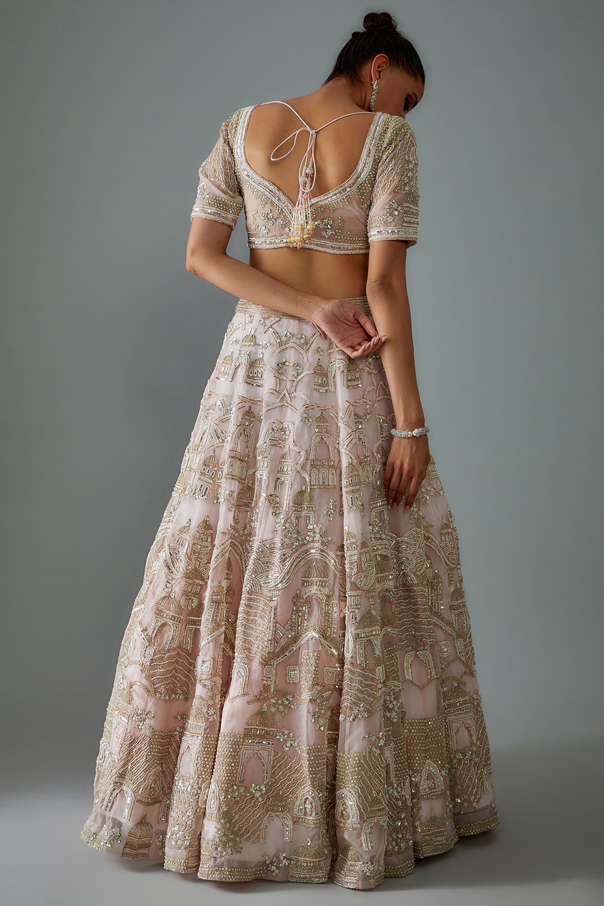 pink organza hand embroidered lehenga set