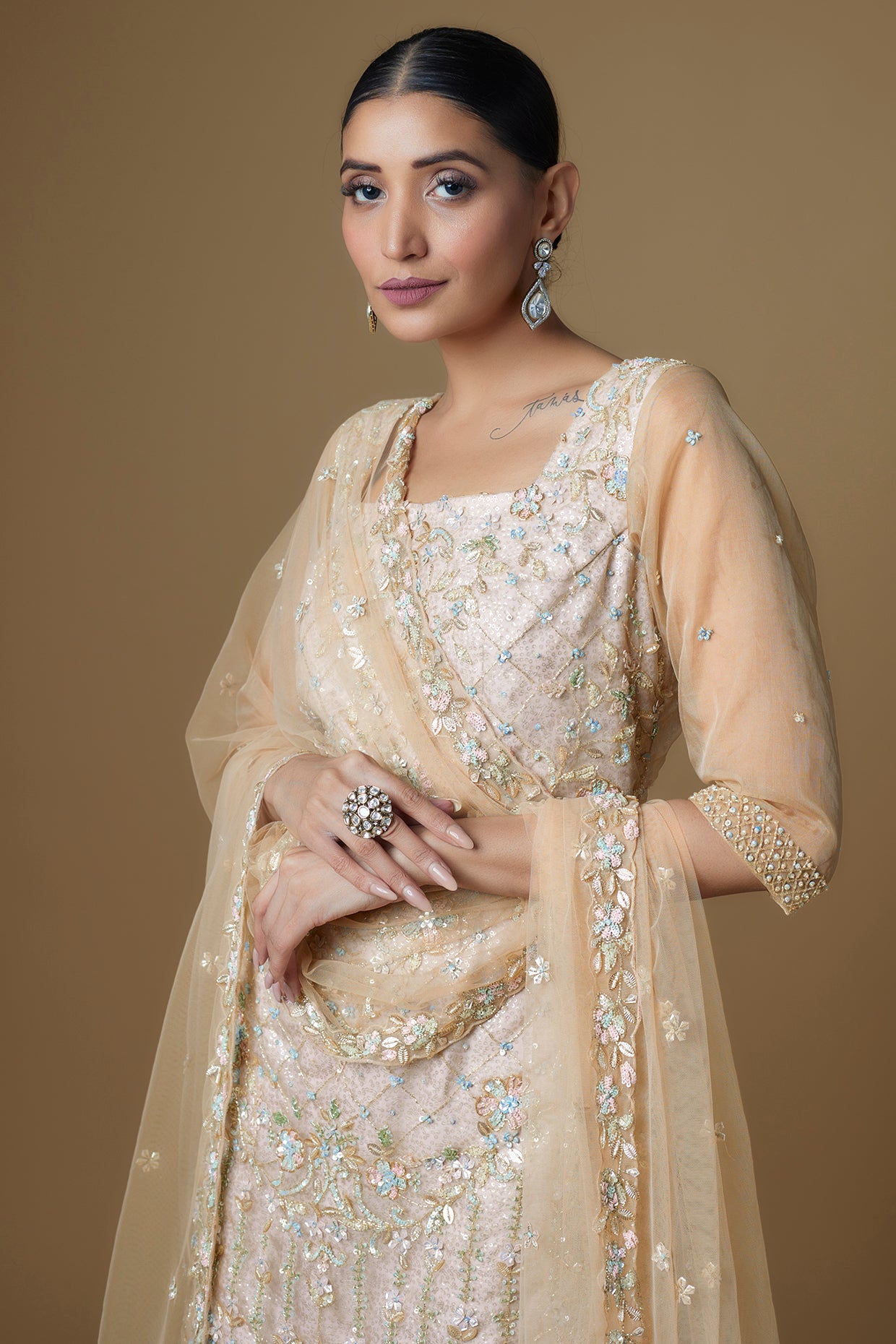 grey net embroidered sharara set