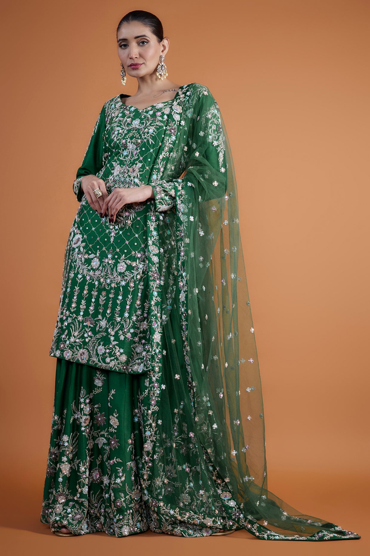 bottle green chanderi hand & machine embroidered sharara set