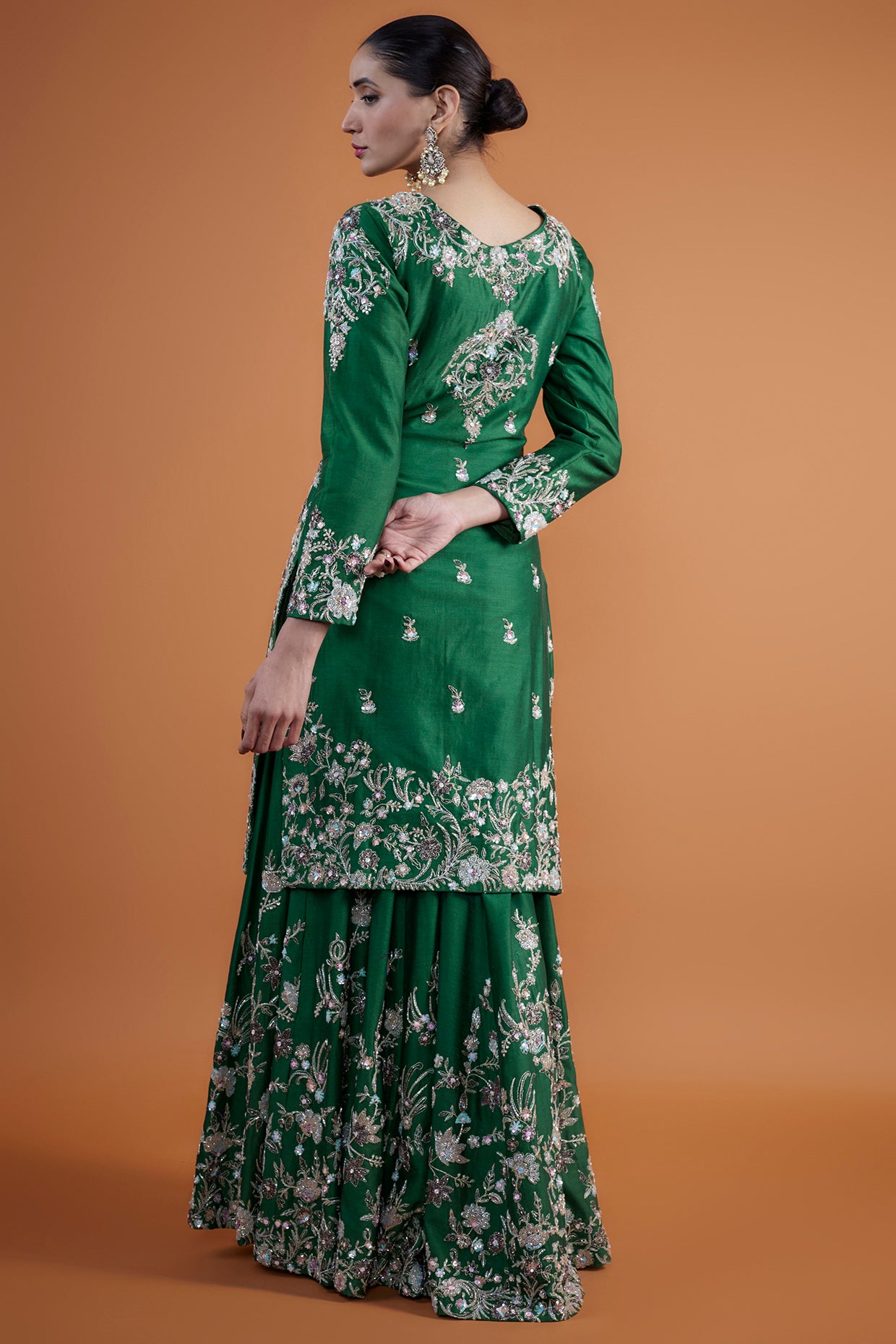 bottle green chanderi hand & machine embroidered sharara set