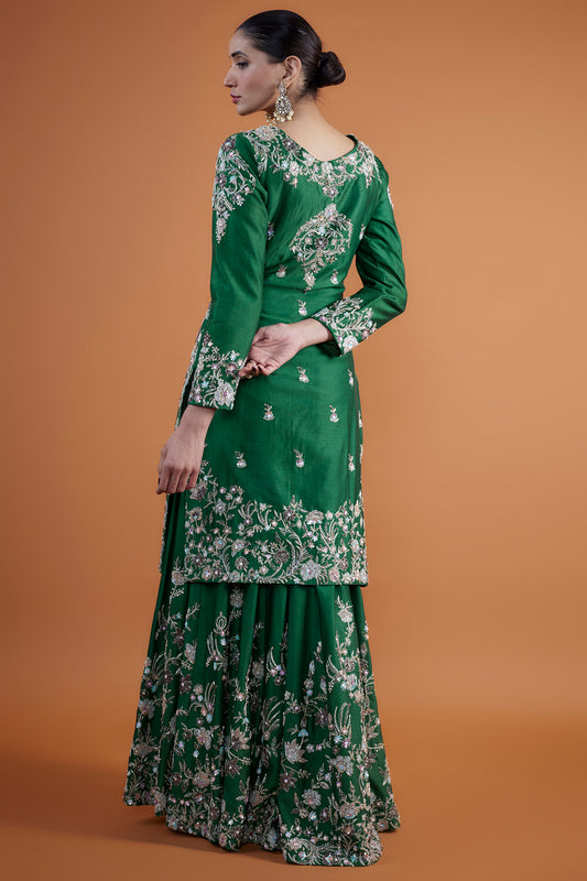 bottle green chanderi hand & machine embroidered sharara set