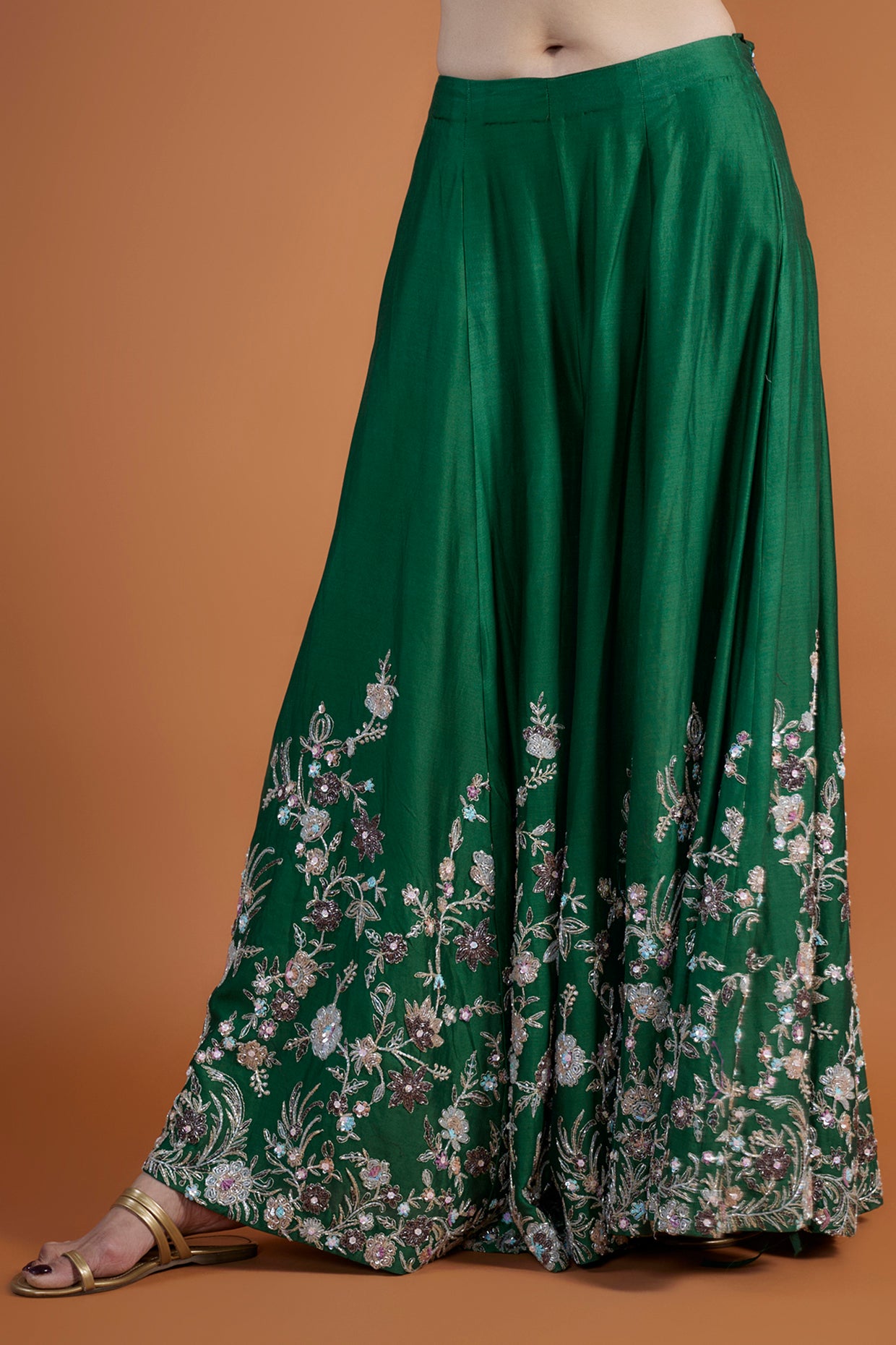 bottle green chanderi hand & machine embroidered sharara set