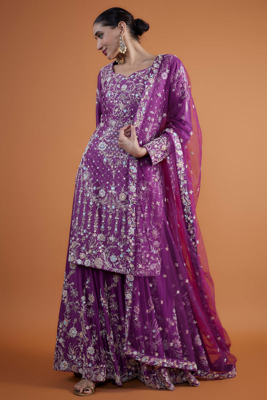 purple chanderi hand & machine embroidered sharara set