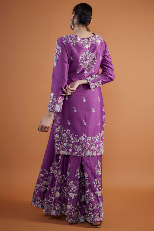 purple chanderi hand & machine embroidered sharara set