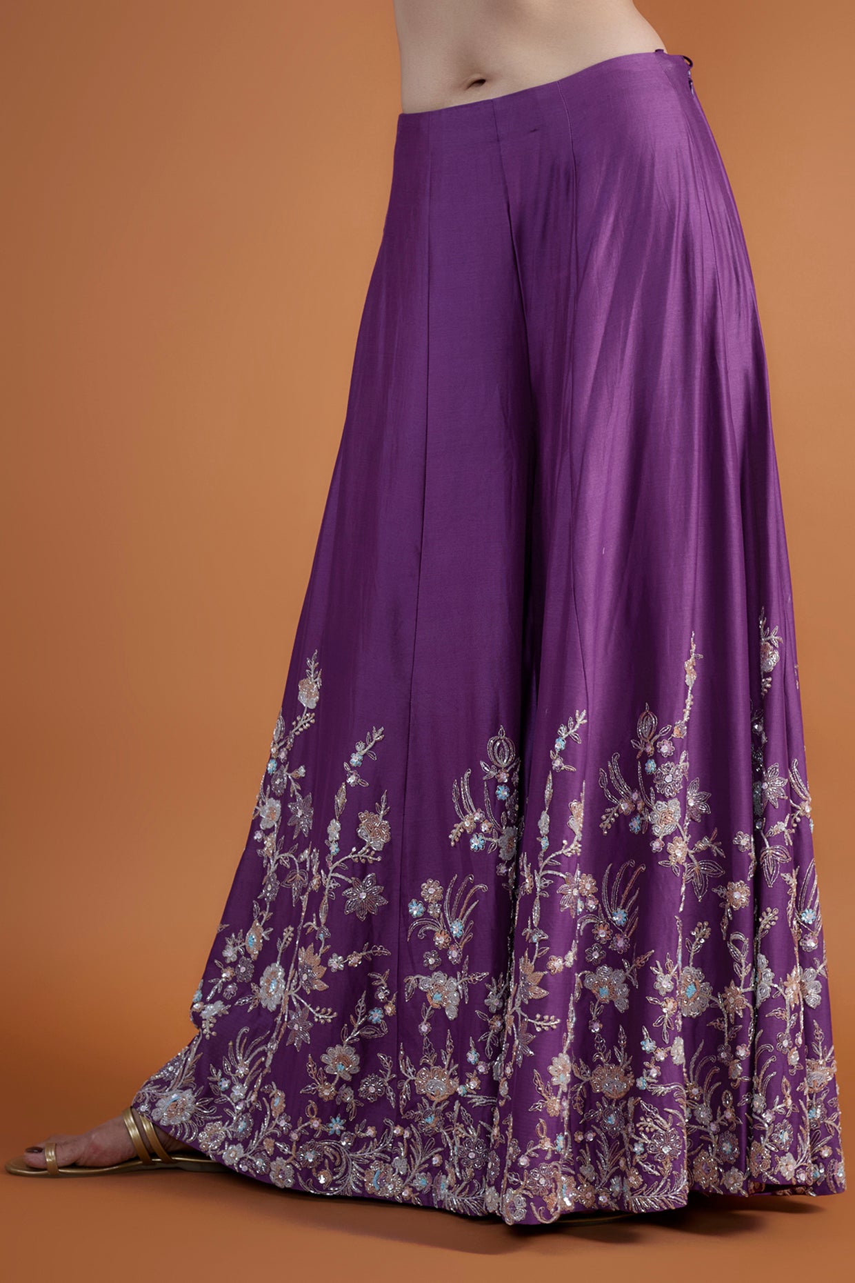 purple chanderi hand & machine embroidered sharara set