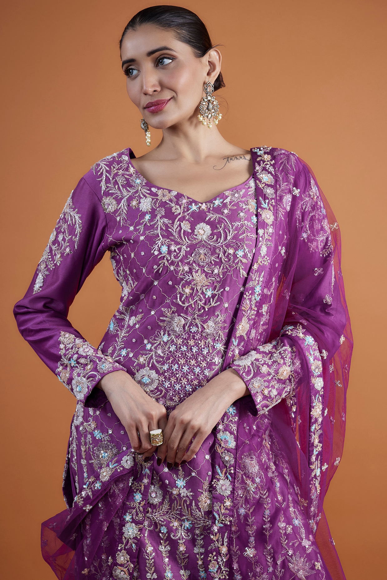 purple chanderi hand & machine embroidered sharara set