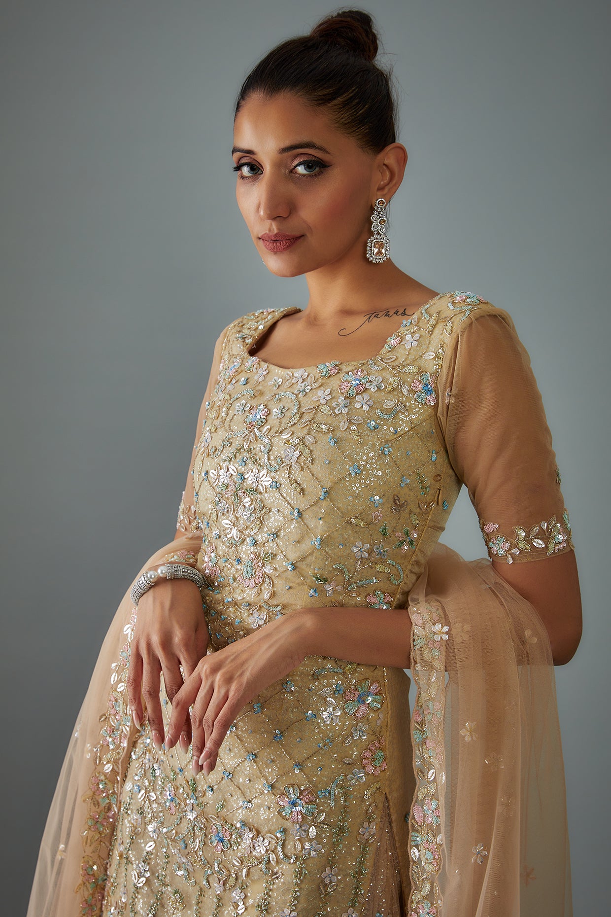 gold net embroidered sharara set