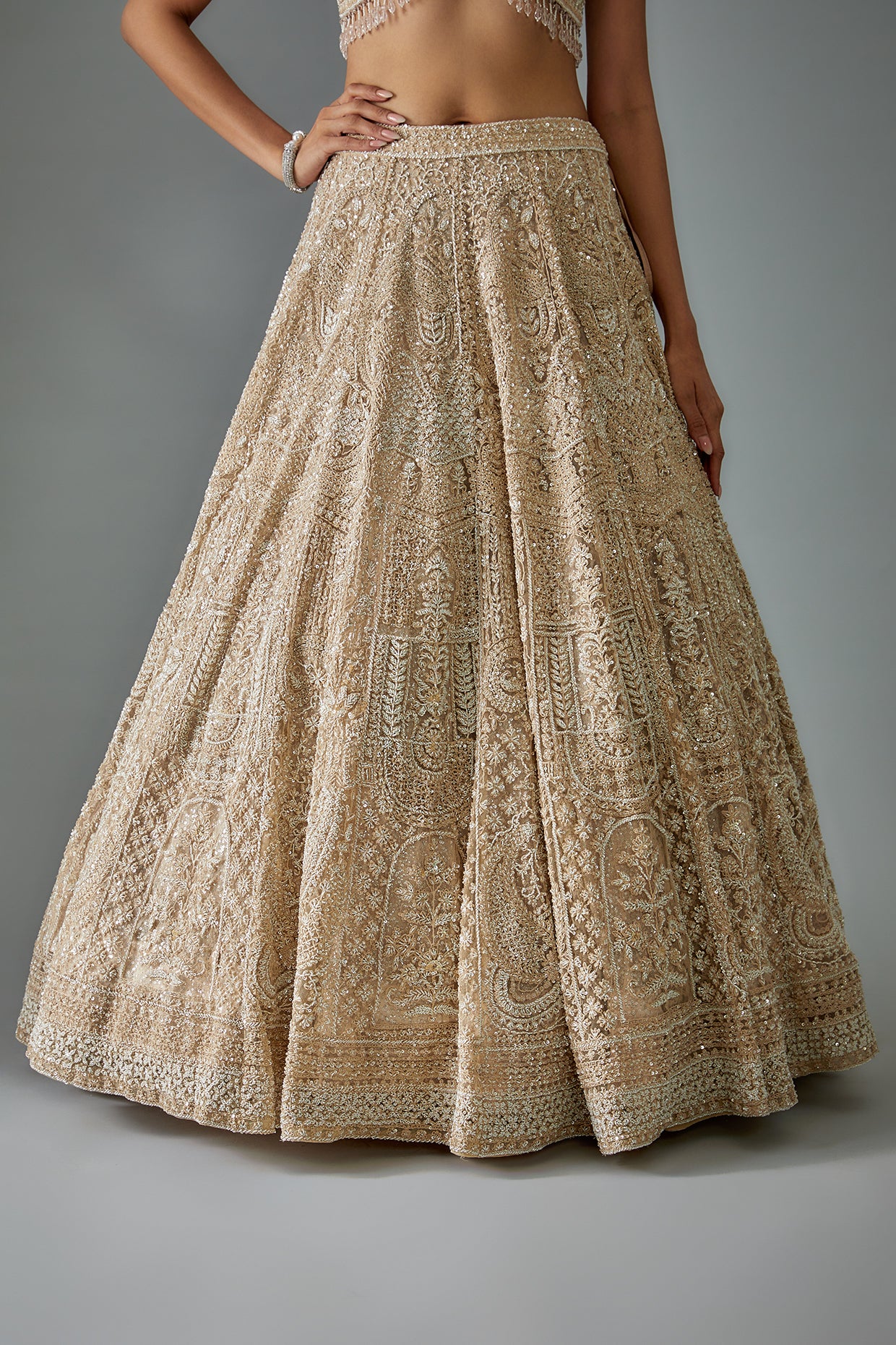 gold net hand embroidered lehenga set