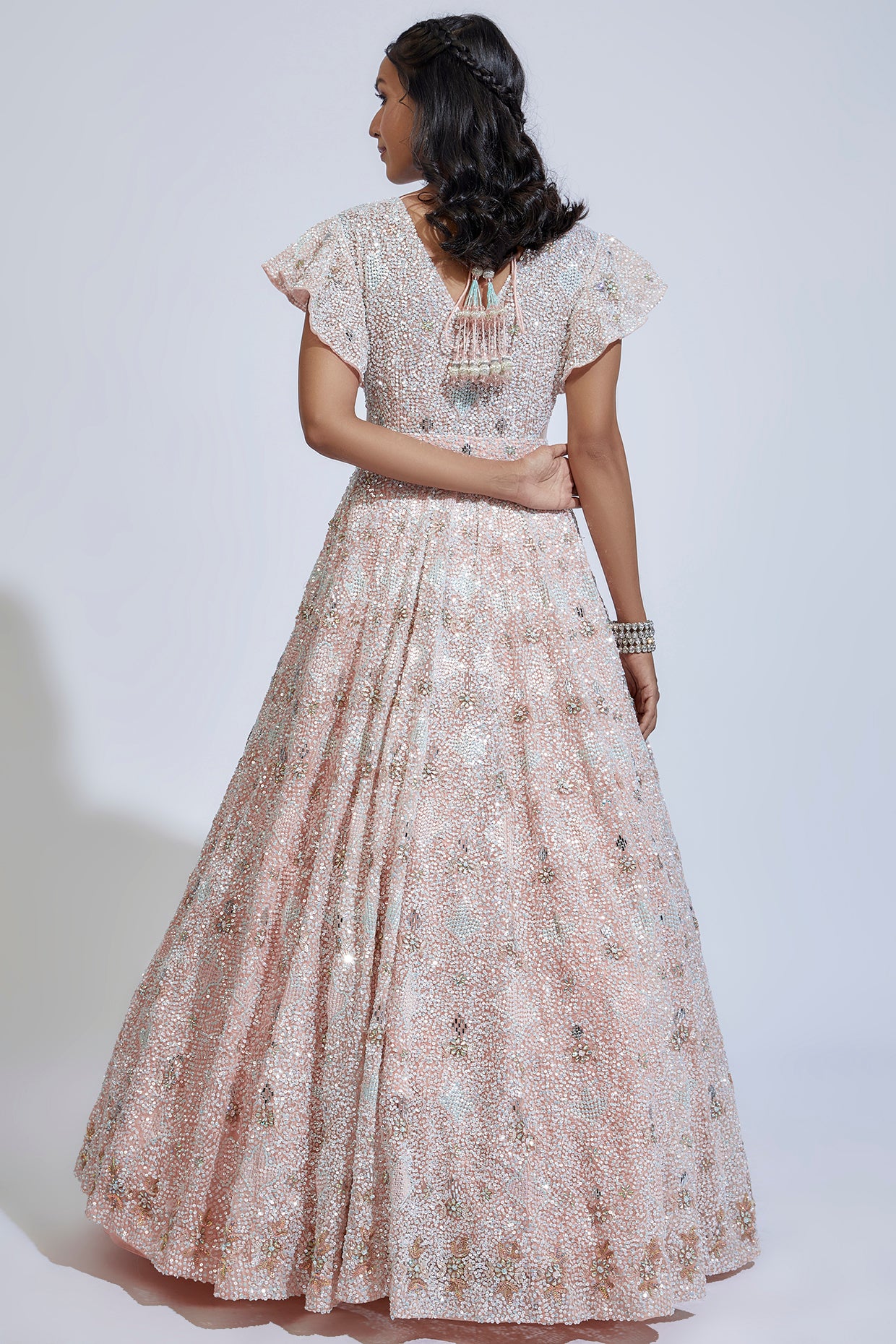 pink organza embroidered gown with dupatta