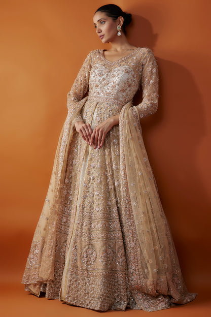 Gold Organza Sequins & Cutdana Hand Embroidered Jacket Lehenga Set