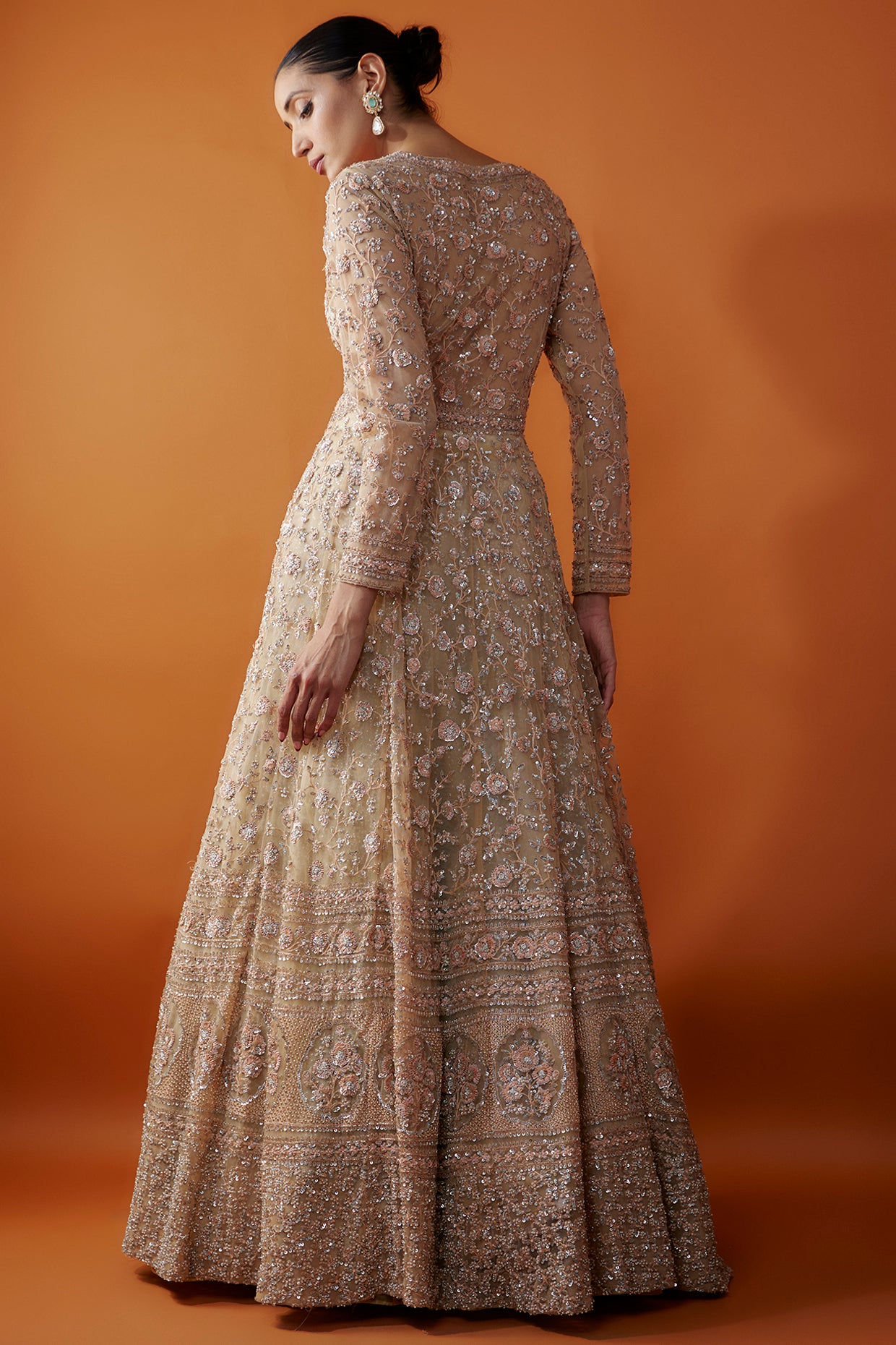 Gold Organza Sequins & Cutdana Hand Embroidered Jacket Lehenga Set