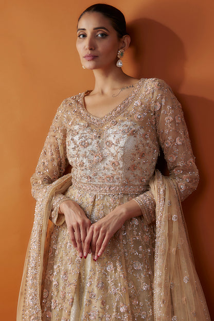 Gold Organza Sequins & Cutdana Hand Embroidered Jacket Lehenga Set