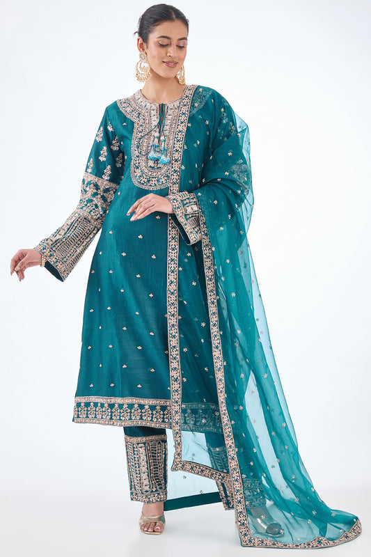 Teal blue chanderi hand embroidered kurta set