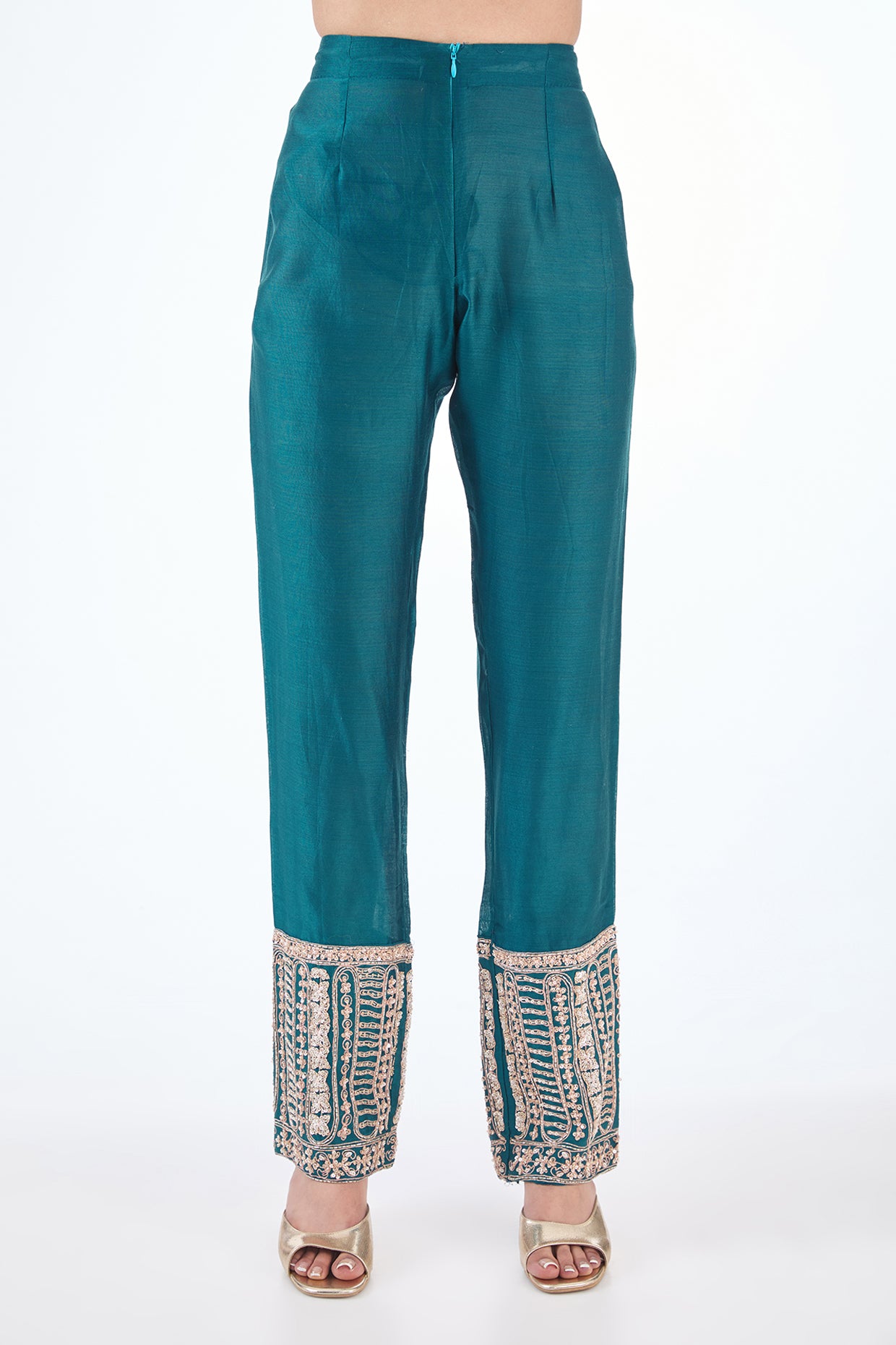 Teal blue chanderi hand embroidered kurta set