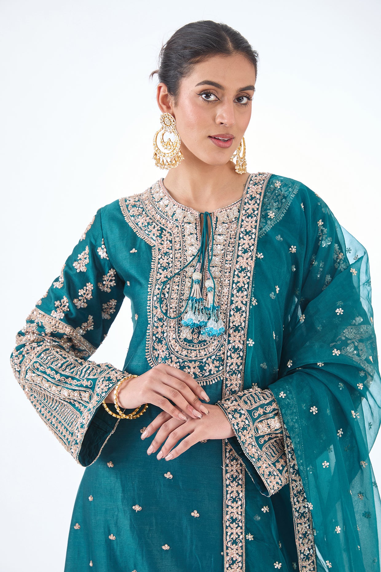 Teal blue chanderi hand embroidered kurta set