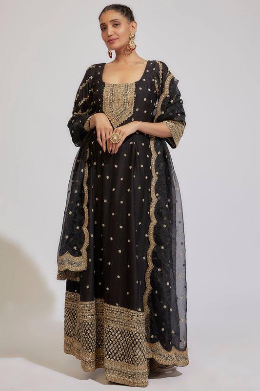 black chanderi embroidered anarkali set